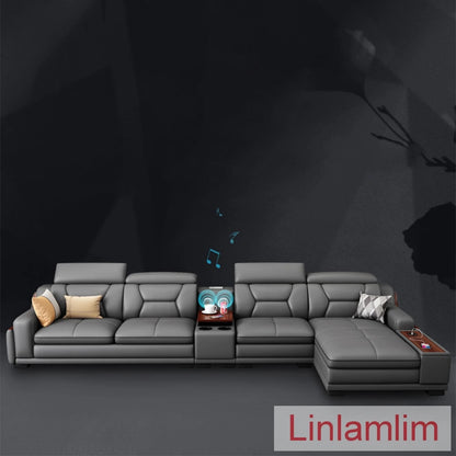 Beautify Your Living Room with Linlamlim Italian Genuine Leather Sofa - Bluetooth Speaker, Adjustable Headrests and USB...