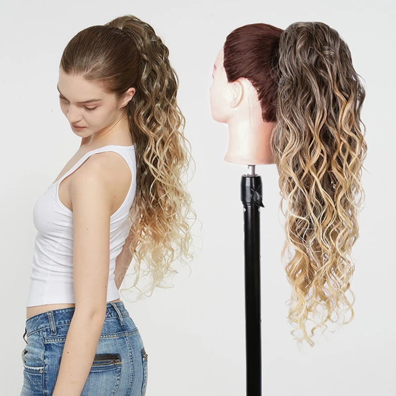 Julianna Synthetic Kanekalon Black Drawstring Water Wave Ponytail Extension Female Curly Wavy Clip In Ponytail Hair Extension
