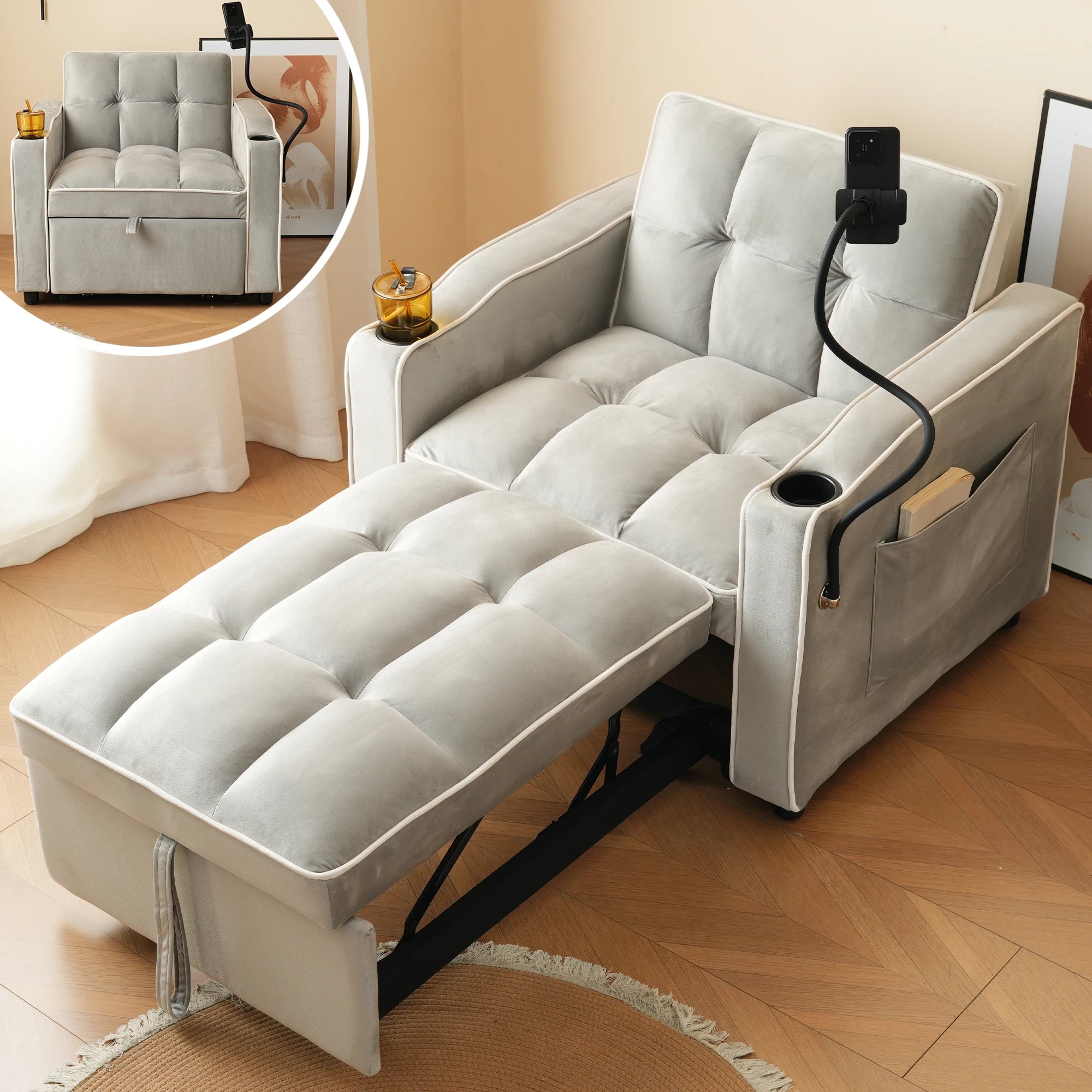 3-in-1extendable single sofa bed with beverage rack and phone holder,sofa bed,chair,perfect for small rooms,83*167*76 cm - Kimlud