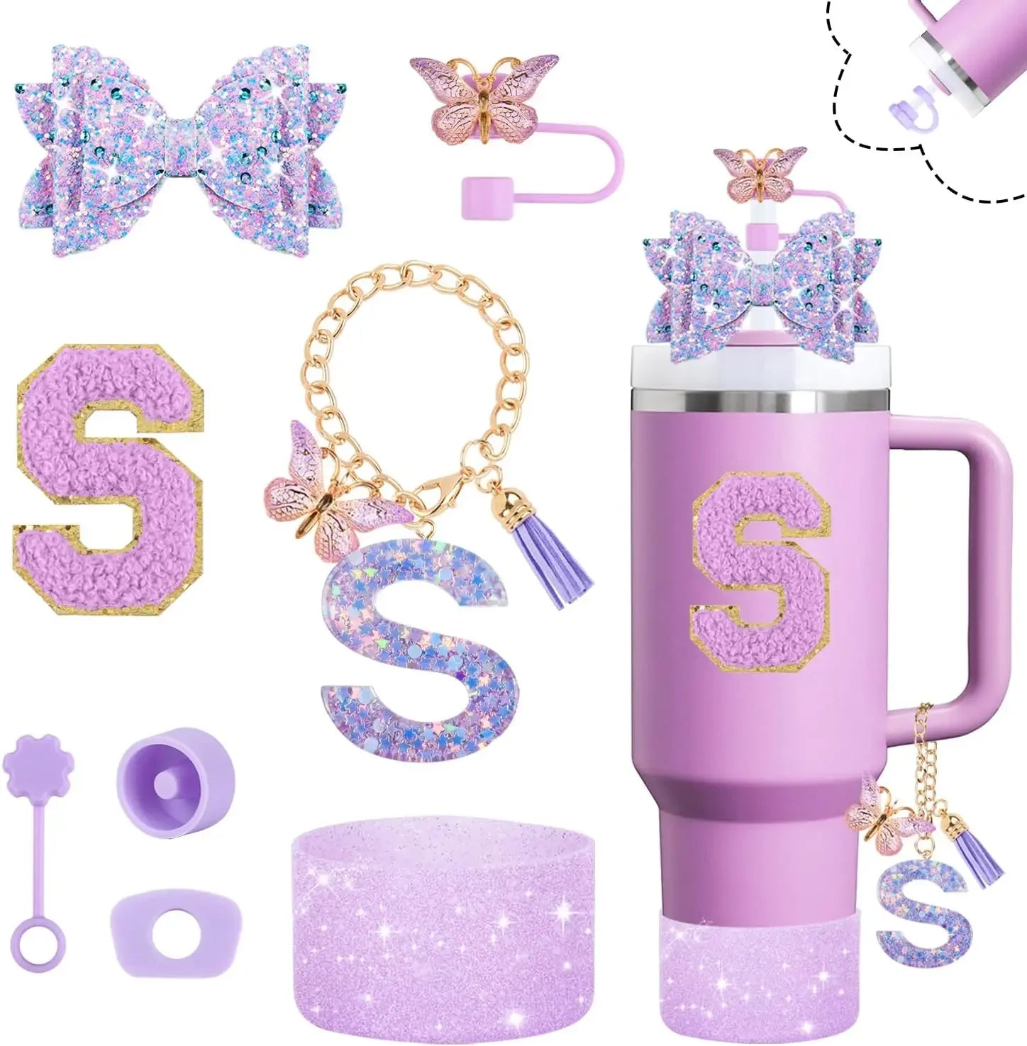 8pcs Cup Accessories Set 30oz 40oz tumbler Straw Topper Cover, Boot, Spill Proof Stoppers, Handle Charms Sticker for Stanley Cup