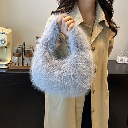 Winter Shoulder Bags Casual Furry for Women Solid Color Soft Plush Ladies Clutch Purse Handbags Lightweight Female Hobos Bag