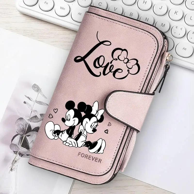  Mickey Minnie Lady Long Zip Wallet Buckle Tote Bag Coin Purse Soft PU Leather Multi-functional Card Holder Casual Daily