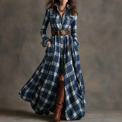 Plaid with Belt Retro Long Dress Lapel Button Irregular A Line Skirts Long Sleeve Casual Women's Dresses Autumn Elegant Clothes