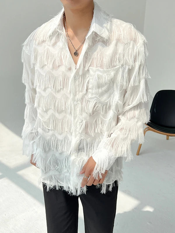 2025 Summer Men Black White Streetwear Hip Hop Shirt Men Tassels Party Night Club Men Shirts Male Long Sleeves Hollow Out Blouse - Kimlud