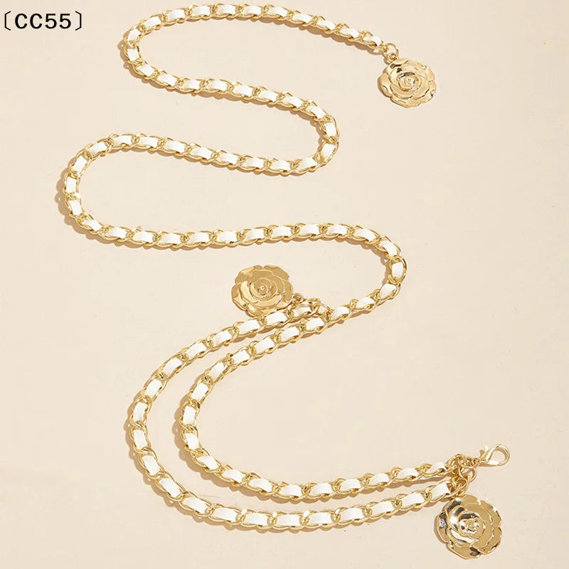 〔CC55〕Metal Waist Chain Belts Round Flower Pendant Chain Strap Rope Female Fine Waistband Dress Shirt Decora Waist...