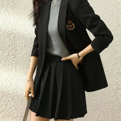 Korean Preppy Suit Women Fashion Embroidered Badge Double Breasted Jacket+High Waisted Pleated Mini Skirt Elegant Party Set 131F