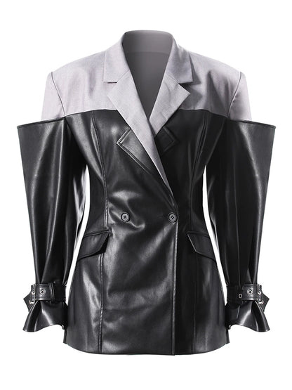 TWOTWINSTYLE Hit Color Slimming Fashion Jackets for Women Lapel Long Sleeves Tunic Patchwork Leather Streetwear Jacket Female - Kimlud