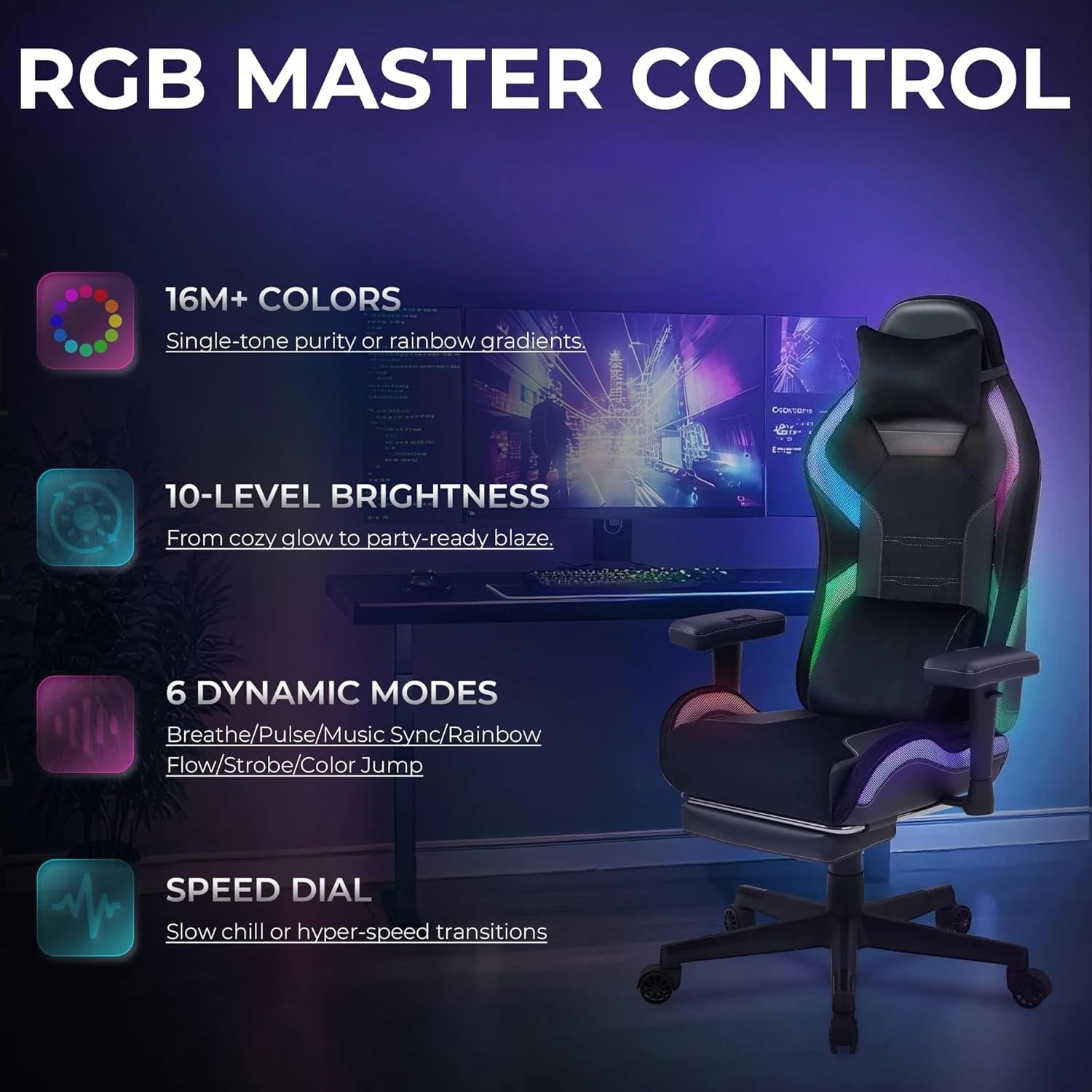 RGB LED Ergonomic Gaming Chair with Footrest Massage Lumbar Support for Adults Teens Black Customized