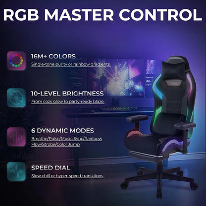 RGB LED Ergonomic Gaming Chair with Footrest Massage Lumbar Support for Adults Teens Black Customized