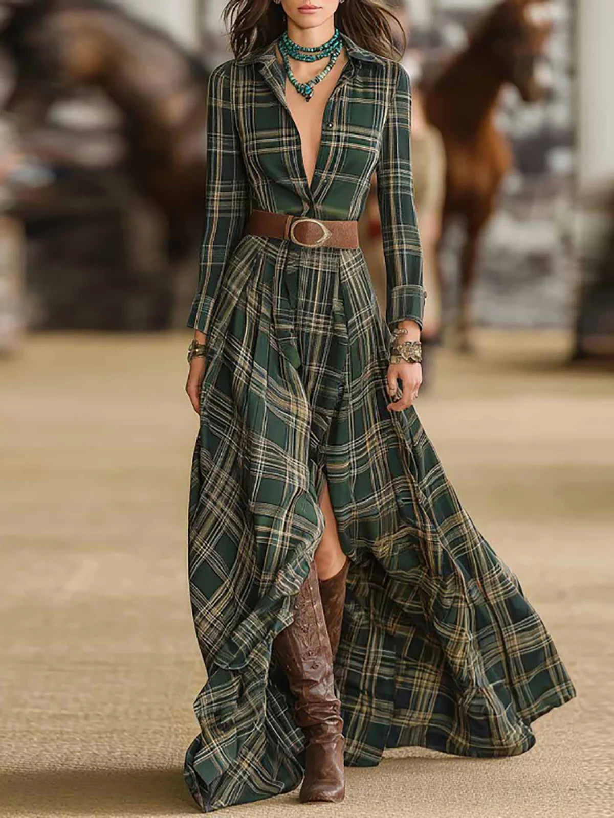 Elegant Western Vintage Plaid Women Shirt Dress Single-breasted Lapel Long Sleeve Maxi Robe A-Line Autumn Long Dresses Vestidos