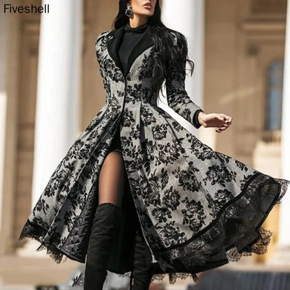 Women's Dress Autumn Winter Women's Coat 2021 Long Sleeve Medieval Lace Stitching Jacket Slim and Elegant Long Black Dresses