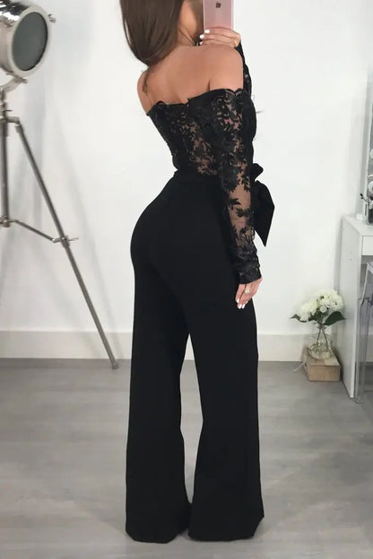 Elegant Lace Stitching Jumpsuit 2025 Summer Wide Leg Pants Romper Women Casual Office Playsuit Holiday Communting Overalls Mujer