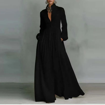 French Elegant High Waist Swing Long Dress Woman Spring Solid Pockets Pleated Maxi Dress Autumn Long Sleeve Button Evening Dress