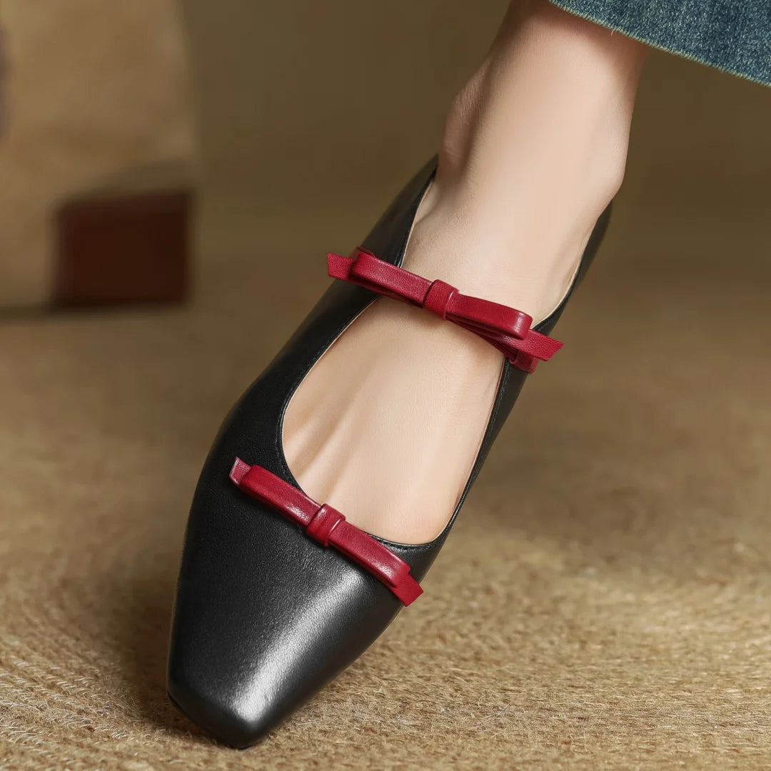 Women's cow leather double bowtie slip-on flats loafers square toe high quality female sweet daily moccasins shoes for woman hot - Kimlud