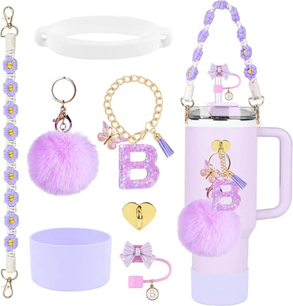 7PCS Accessories Set for Stanley Cup Purple Straw Topper Cup Boot Water Bottle Handle Strap Letter Charms 40oz 30oz Tumbler