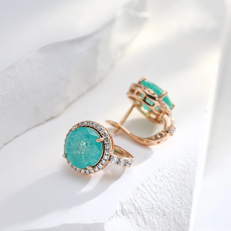 Kinel New Emerald Round Cut Zircon Drop Earrings for Women Luxury 585 Rose Gold Color Wedding Accessories Fine Daily Jewelry