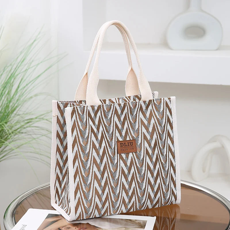 Chevron Pattern Canvas Tote Bag, Retro Letter Patch Decor Handbag, Women's Causal Shopper & Commuter Bag