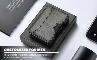 Minimalist Mens Wallet with Money Clip, Aluminum Pop Up Card Case and Leather Slots Credit Card Holder RFID Blocking Wallet
