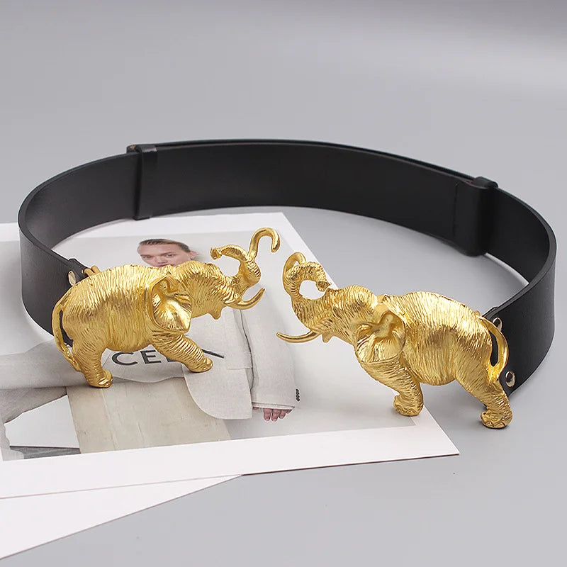 Fashion Real Leather Belts for Women Luxury Designer Female Waist Elastic Corset Belt Gold Heavy Elephant Metal Buckle