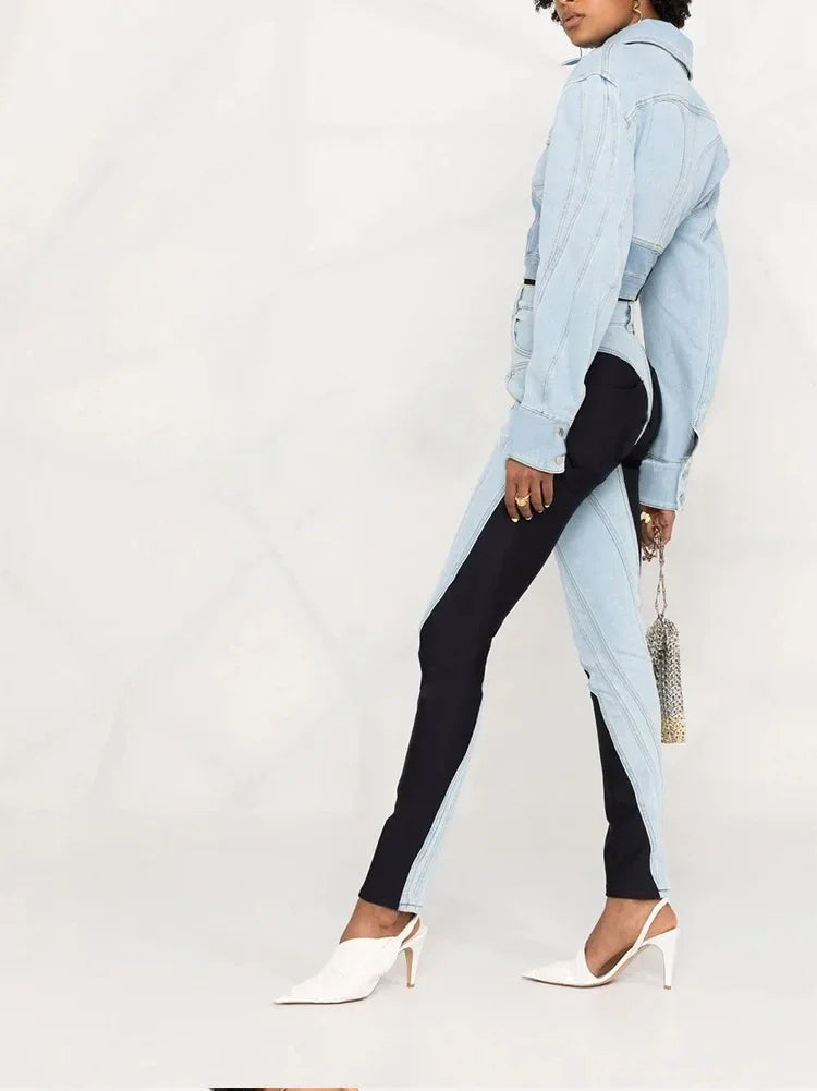 Patchwork Colorblock Women's Jeans High Waist Slim Casual Straight Denim Pencil Pants Female Fashion | Kimlud Mid Range Pants