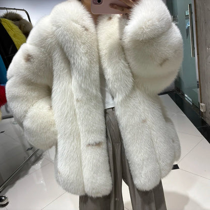 YOLOAgain Women's Luxury White Fox Fur Coat 2024 Winter Warm Real Fox Fur Jacket