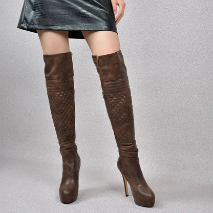 Onlymaker Women Over The Knee Boots Thin High Heel Lady Black Metal Chain Decoration Zipper Female Platform Boots