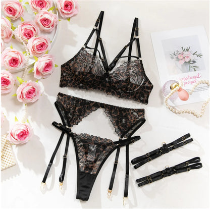 Krasapt Fancy Leopard Embroidery Lingerie 4 Pcs Sets Sexy Mesh See Through Bras And Thongs Garter Suits Erotic Intimate Outfit