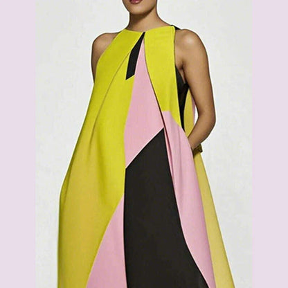 Yeezzi 2025 New Summer Vacation A-line Dress For Women Fashion Color-Block Pleated O-Neck Casual Weekend Going Out Maxi Dresses