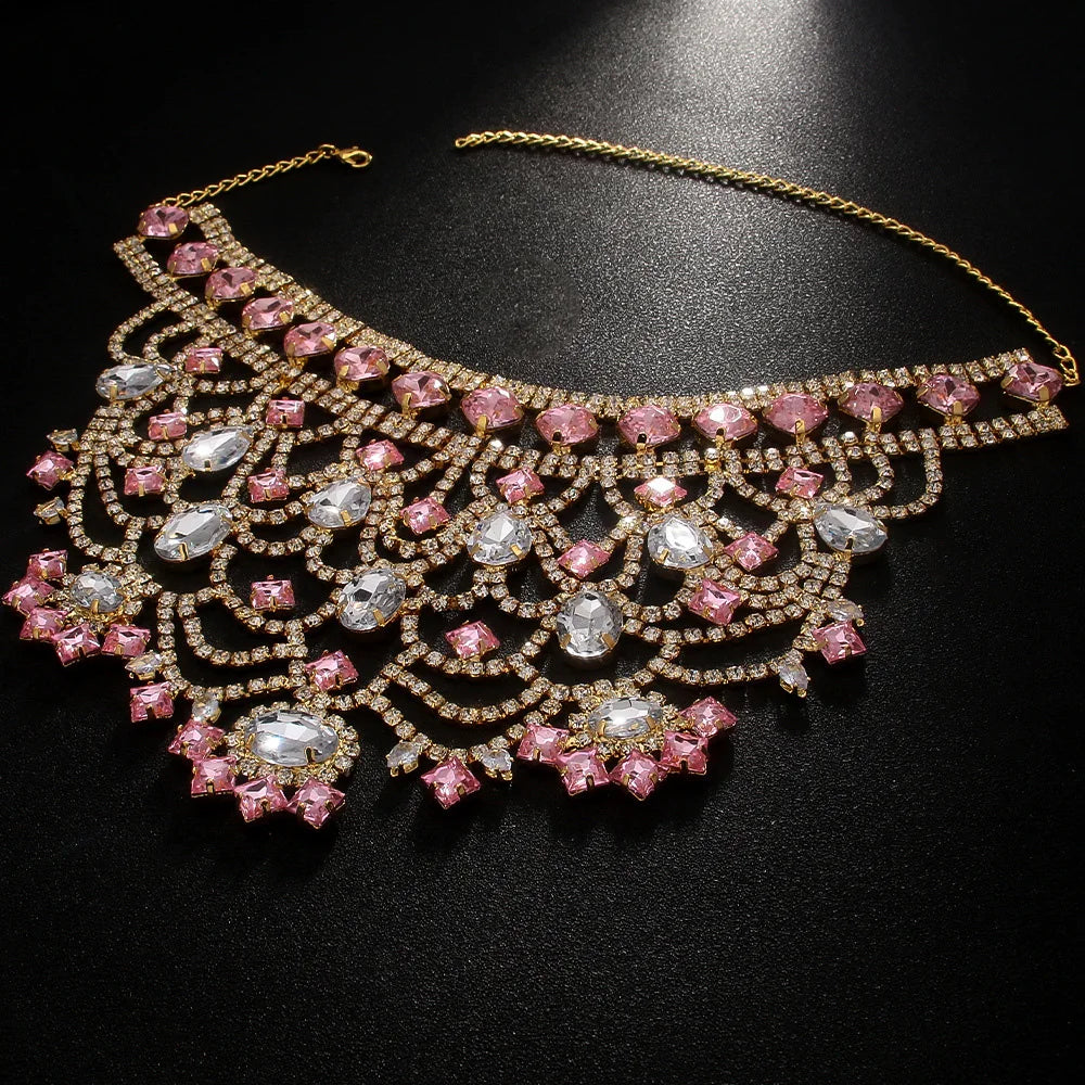 Pink Exaggerated Choker Necklace for Women Wedding Jewelry Gifts Charming Oversize Rhinestone Chunky Choker Chain Drag Queen