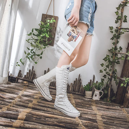 Canvas Long Boots for Women High Top Women Canvas Shoes Lace Up Knee High Boots Flats Casual Vulcanized Shoes Sneakers Girls
