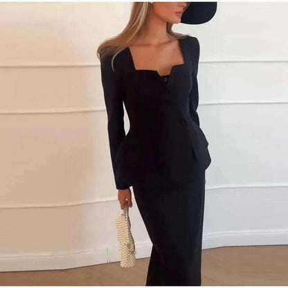 Elegant BlazerCoat Skirt Set Women Double Breasted Square Collar Slim Jacket And Midi Skirts Suits 2 Pieces Office Chic Outfits
