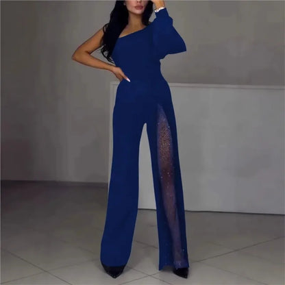Autumn And Winter Fashion Sexy Slanted Shoulder High Slit Jumpsuit Elegant Women's Solid Color Single Shoulder Sleeve Jumpsuit
