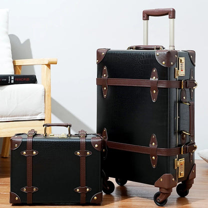 Classic Retro Suitcase 20/24/26inch PP+PC Travel Suitcase Large Capacity Handmade Leather Suitcase Travel Set with Makeup Case