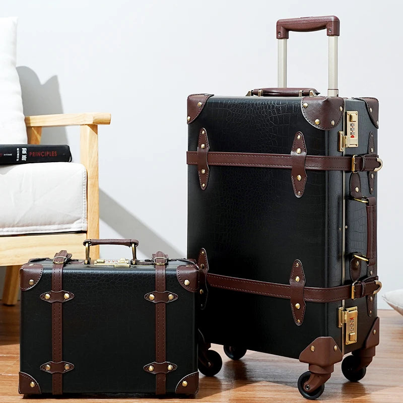 Classic Retro Suitcase 20/24/26inch PP+PC Travel Suitcase Large Capacity Handmade Leather Suitcase Travel Set with Makeup Case