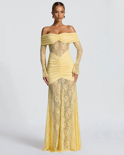 GACVGA Elegant Mesh Lace Patchwork Bodycon Maxi Dress for Women Summer Sexy Off-Shoulder Sheer Party Club Evening Long Dress