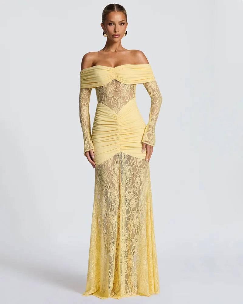 GACVGA Elegant Mesh Lace Patchwork Bodycon Maxi Dress for Women Summer Sexy Off-Shoulder Sheer Party Club Evening Long Dress