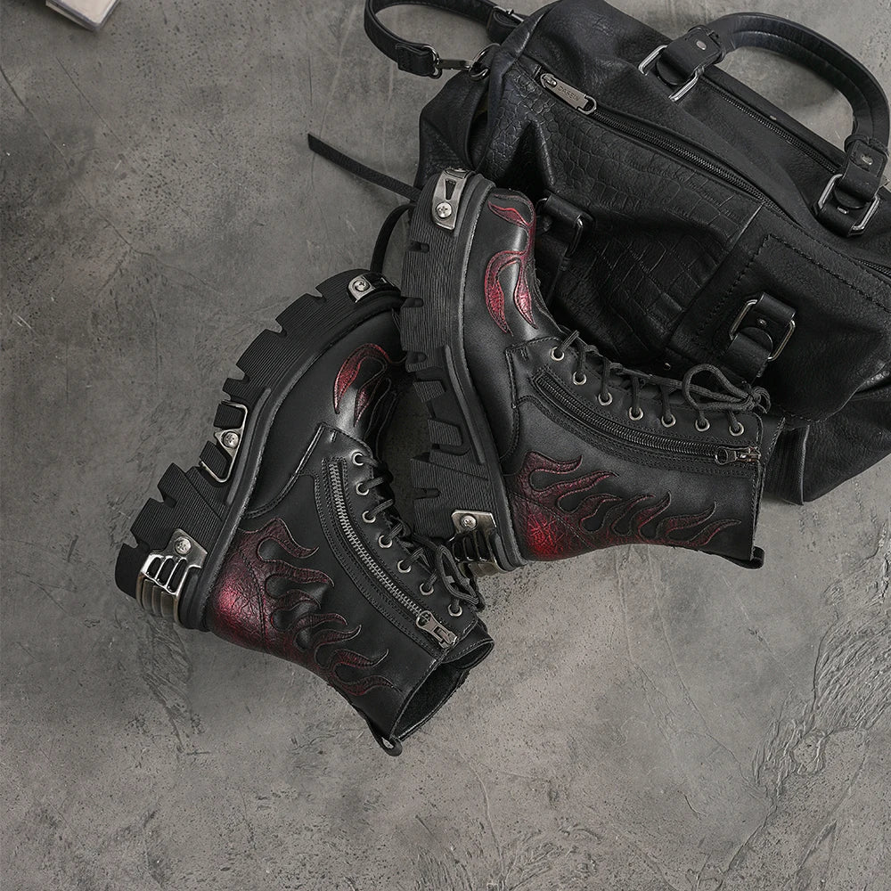 2025 New Punk Women Platform Ankle Boots Female's Rock Round Toe Lace Up Fashion Retro Chunky Shoes Metal Decor Short Boots