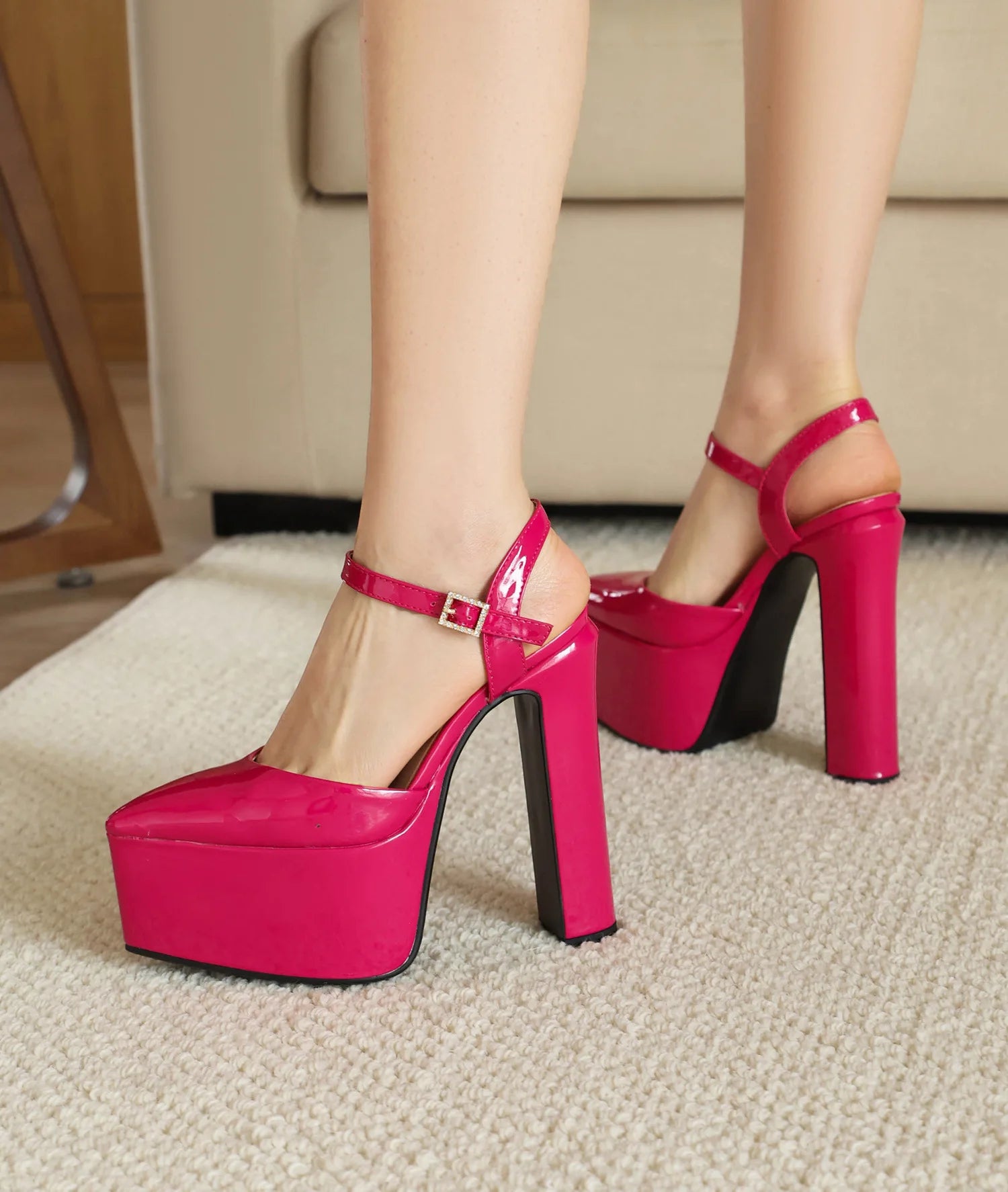 Platform Pointed Toe Sandals For Women Summer New Ankle Buckle Strap Gold Runway High Heels Large Size 43 Wedding Party Shoes