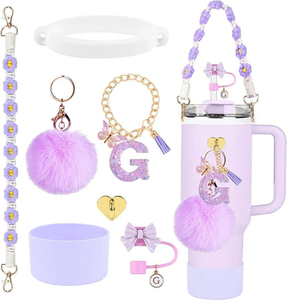 7PCS Accessories Set for Stanley Cup Purple Straw Topper Cup Boot Water Bottle Handle Strap Letter Charms 40oz 30oz Tumbler