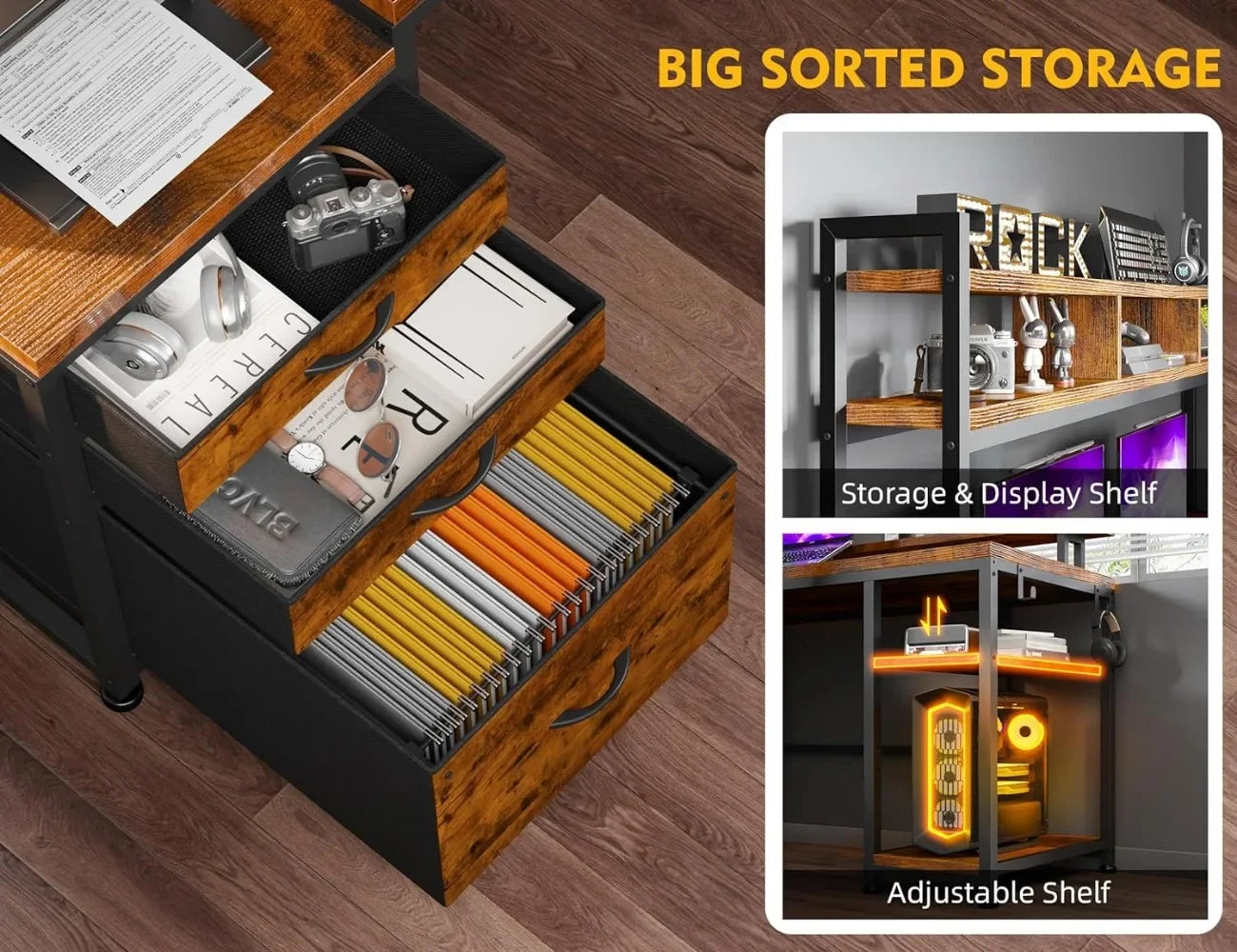 Premium Shaped Desk with Drawers Reversible Large L Shaped Gaming Desk withShelf Gaming Desk with