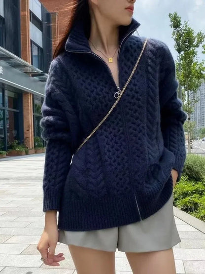 Autumn And Winter New Thick Turtleneck  Knitted Cardigan Women's Loose Wool Sweater Cardigan Larg Size Female Jacket Top