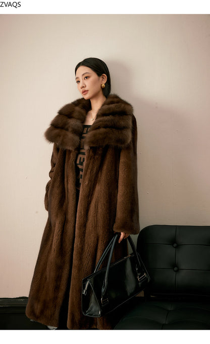 ZVAQS Natural Coffee Mink Fur Coat Women Fashion Long Fur Jacket Winter Luxury Clothes Old Money Style Outerwears 2024 Fourrure