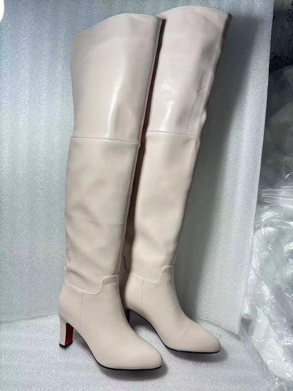 Autumn and Winter New Black Leather Round Head Over Knee Women's Boots, Thick High Heels, Fashionable 34-46 Large Women's Boots