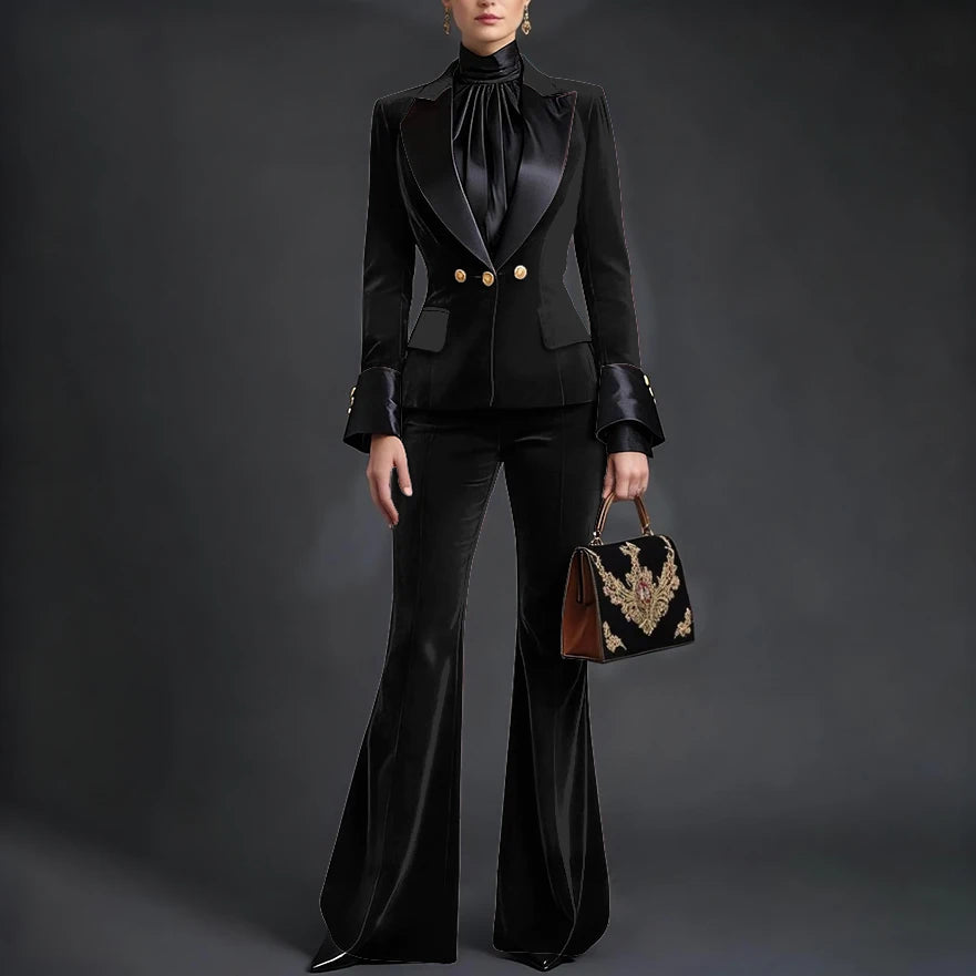 Luxury Velvet Women's Burgundy Suits Three Buttons 2-Piece Set Vintage Satin Peaked Lapel Blazer Flared Pants Evening Outfit