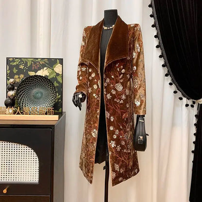 Luxury Design Women's Clothing Lapel Trench Coat Belt Sequin Embroidery Long Trench Coat High Quality Vintage Harajuku Outerwear