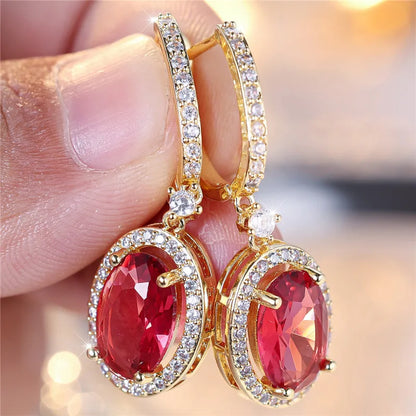 Luxury Female Rose Red Oval Zircon Stone Hoop Earrings Charm Gold Color Wedding Jewelry For Women