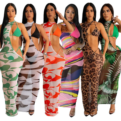 Fashion Print Slim Dress Bikini Three Piece Set Women Sexy Hollow Out Package Hip Bodycon Mesh Dresses Sets Trendy Lady Clothing