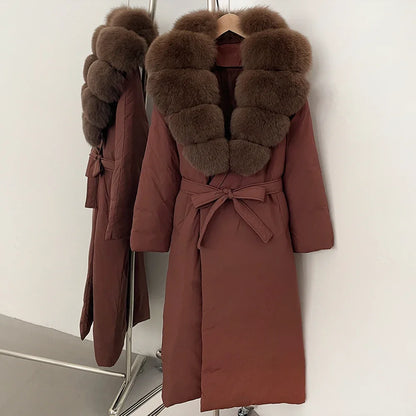 OFTBUY Long Puffer coat Real Fox Fur White Duck Down Coat New Winter Women Collar Fluffy  Jacket Female Thick Warm Reality Fur