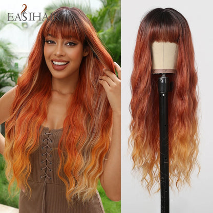 EASIHAIR Sandy Blonde Golden Wavy Synthetic Wigs with Long Bangs Cosplay Lolita Party Hair Wigs for Women Natural Heat Resistant