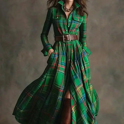 Plaid with Belt Retro Long Dress Lapel Button Irregular A Line Skirts Long Sleeve Casual Women's Dresses Autumn Elegant Clothes